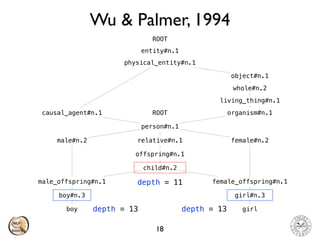 Wu & Palmer, 1994
18
child#n.2
female_offspring#n.1
offspring#n.1
relative#n.1
person#n.1
causal_agent#n.1
physical_entity#n.1
entity#n.1
ROOT
organism#n.1
living_thing#n.1
whole#n.2
object#n.1
female#n.2
boy
boy#n.3
male_offspring#n.1
male#n.2
girl
girl#n.3
ROOT
depth = 11
depth = 13 depth = 13
 