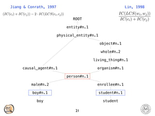 21
boy student
boy#n.1
male#n.2
person#n.1
causal_agent#n.1
physical_entity#n.1
entity#n.1
ROOT
organism#n.1
living_thing#n.1
whole#n.2
object#n.1
enrollee#n.1
student#n.1
Lin, 1998
IC(LCS(wi, wj))
IC(ci) + IC(cj)
Jiang & Conrath, 1997
(IC(ci) + IC(cj)) 2 · IC(LCS(ci, cj))
 