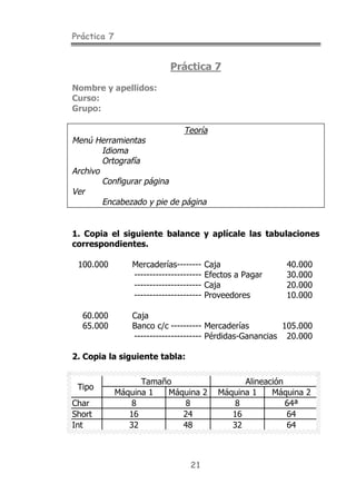 Práctica 7
21
Práctica 7
Nombre y apellidos:
Curso:
Grupo:
Teoría
Menú Herramientas
Idioma
Ortografía
Archivo
Configurar página
Ver
Encabezado y pie de página
1. Copia el siguiente balance y aplícale las tabulaciones
correspondientes.
100.000 Mercaderías-------- Caja 40.000
---------------------- Efectos a Pagar 30.000
---------------------- Caja 20.000
---------------------- Proveedores 10.000
60.000 Caja
65.000 Banco c/c ---------- Mercaderías 105.000
---------------------- Pérdidas-Ganancias 20.000
2. Copia la siguiente tabla:
Tamaño Alineación
Tipo
Máquina 1 Máquina 2 Máquina 1 Máquina 2
Char 8 8 8 64ª
Short 16 24 16 64
Int 32 48 32 64
 