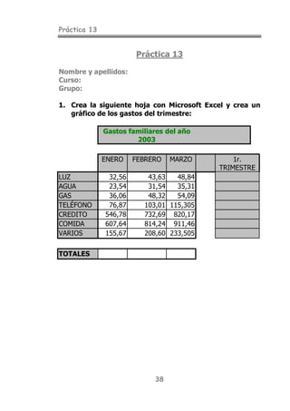 Práctica 13
38
Práctica 13
Nombre y apellidos:
Curso:
Grupo:
1. Crea la siguiente hoja con Microsoft Excel y crea un
gráfico de los gastos del trimestre:
Gastos familiares del año
2003
ENERO FEBRERO MARZO 1r.
TRIMESTRE
LUZ 32,56 43,63 48,84
AGUA 23,54 31,54 35,31
GAS 36,06 48,32 54,09
TELÉFONO 76,87 103,01 115,305
CREDITO 546,78 732,69 820,17
COMIDA 607,64 814,24 911,46
VARIOS 155,67 208,60 233,505
TOTALES
 