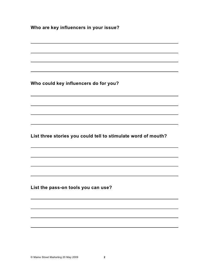 Word Of Mouth Marketing Worksheet 1