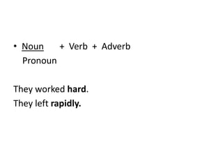 Noun       +  Verb  +  Adverb    PronounThey worked hard.They left rapidly.