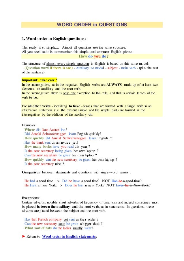 word order in questions word for in that order