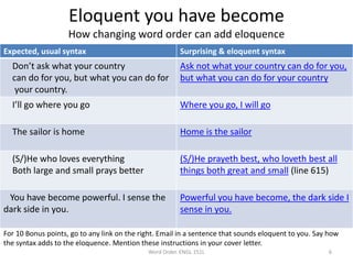 Eloquent you have become
How changing word order can add eloquence
Word Order. ENGL 151L 6
Expected, usual syntax Surprising & eloquent syntax
Don’t ask what your country
can do for you, but what you can do for
your country.
Ask not what your country can do for you,
but what you can do for your country
I’ll go where you go Where you go, I will go
The sailor is home Home is the sailor
(S/)He who loves everything
Both large and small prays better
(S/)He prayeth best, who loveth best all
things both great and small (line 615)
You have become powerful. I sense the
dark side in you.
Powerful you have become, the dark side I
sense in you.
For 10 Bonus points, go to any link on the right. Email in a sentence that sounds eloquent to you. Say how
the syntax adds to the eloquence. Mention these instructions in your cover letter.
 