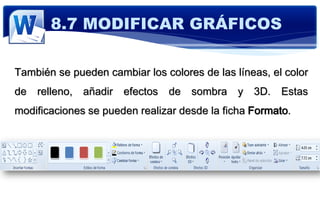 También se pueden cambiar los colores de las líneas, el color
de relleno, añadir efectos de sombra y 3D. Estas
modificaciones se pueden realizar desde la ficha Formato.
8.7 MODIFICAR GRÁFICOS
 
