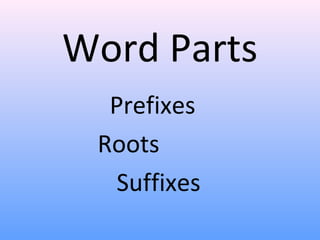 Word Parts
  Prefixes
 Roots
   Suffixes
 