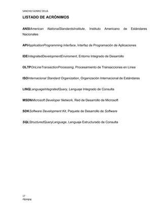 SANCHEZ GOMEZ DELIA

LISTADO DE ACRÓNIMOS
ANSIAmerican

NationalStandardsInstitute,

Instituto

Americano

de

Estándares

Nacionales

APIApplicationProgramming Interface, Interfaz de Programación de Aplicaciones

IDEIntegratedDevelopmentEnviroment, Entorno Integrado de Desarrollo

OLTPOnLineTransactionProcessing, Procesamiento de Transacciones en Linea

ISOInternacional Standard Organization, Organización Internacional de Estándares

LINQLanguageIntegratedQuery, Lenguaje Integrado de Consulta

MSDNMicrosoft Developer Network, Red de Desarrollo de Microsoft

SDKSoftware Development Kit, Paquete de Desarrollo de Software

SQLStructuredQueryLanguage, Lenguaje Estructurado de Consulta

17
sfgsegsg

 