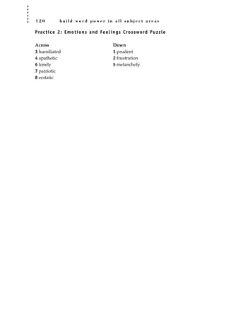 1 2 0 b u i l d w o r d p o w e r i n a l l s u b j e c t a r e a s
Practice 2: Emotions and Feelings Crossword Puzzle
Across Down
3 humiliated 1 prudent
4 apathetic 2 frustration
6 lonely 5 melancholy
7 patriotic
8 ecstatic
JSBWord_03_107-144.qxd:JSB 12/18/08 2:57 PM Page 120
 