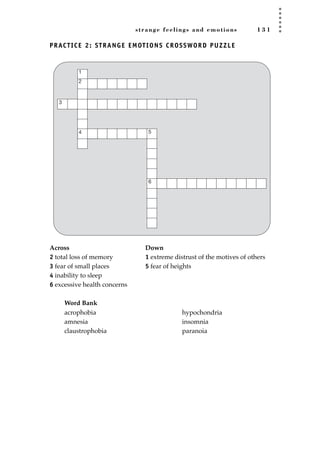 strange feelings and emotions 1 3 1
PRACTICE 2: STRANGE EMOTIONS CROSSWORD PUZZLE
Across Down
2 total loss of memory 1 extreme distrust of the motives of others
3 fear of small places 5 fear of heights
4 inability to sleep
6 excessive health concerns
Word Bank
1
2
3
4
6
5
acrophobia
amnesia
claustrophobia
hypochondria
insomnia
paranoia
JSBWord_03_107-144.qxd:JSB 12/18/08 2:57 PM Page 131
 