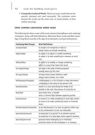 7 2 t o o l s f o r b u i l d i n g w o r d p o w e r
• Commonly Confused Words. There are many words that are fre-
quently confused and used incorrectly. The confusion arises
because the words use the same root, or sound similar, or have
similar meanings.
SOME COMMON CONFUSING WORD PAIRS
The following list shows some of the most common homophones and confusing
word pairs, along with brief deﬁnitions. Memorize these words and their mean-
ings. Using them correctly is the sign of an educated, word-powerful person.
Confusing Word Groups Brief Definitions
accept/except to accept is to recognize or take on
except means to exclude something
adapt/adopt to adapt is to adjust or modify something
to adopt is to take something or someone as one’s
own
affect/effect to affect is to modify or change something
effect is a noun that means the result
all ready/already all ready is the state of being prepared
already means by this time
all ways/always all ways means every method or path
always means forever, as in time
bibliography/biography a bibliography is a list of books or other documents
a biography is the story of one person’s life
breath/breathe breath is a noun describing the intake of air
breathe is the verb, the process of using the air
dual/duel dual means two, or double
duel is a formal fight between opposing parties
ensure/insure to ensure is to make something or some idea certain
to insure is to make something certain in financial
terms
disinterested/uninterested to be disinterested is to have no opinion either way
to be uninterested is to be not interested
persecute/prosecute to persecute is to punish in an extreme manner
to prosecute is to take legal action against someone
personal/personnel personal means belonging to an individual
personnel means all the employees in a company
JSBWord_02_63-106.qxd:JSB 12/18/08 2:49 PM Page 72
 