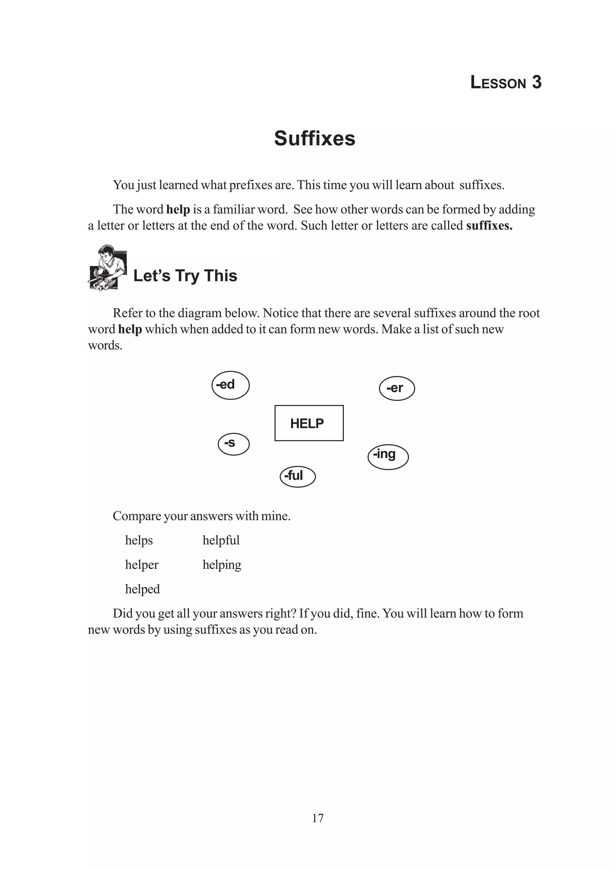-ed -er 
17 
LESSON 3 
Suffixes 
You just learned what prefixes are. This time you will learn about suffixes. 
The word help is a familiar word. See how other words can be formed by adding 
a letter or letters at the end of the word. Such letter or letters are called suffixes. 
Let’s Try This 
Refer to the diagram below. Notice that there are several suffixes around the root 
word help which when added to it can form new words. Make a list of such new 
words. 
Compare your answers with mine. 
helps helpful 
helper helping 
helped 
Did you get all your answers right? If you did, fine. You will learn how to form 
new words by using suffixes as you read on. 
-ing 
-ful 
-s 
HELP 
 