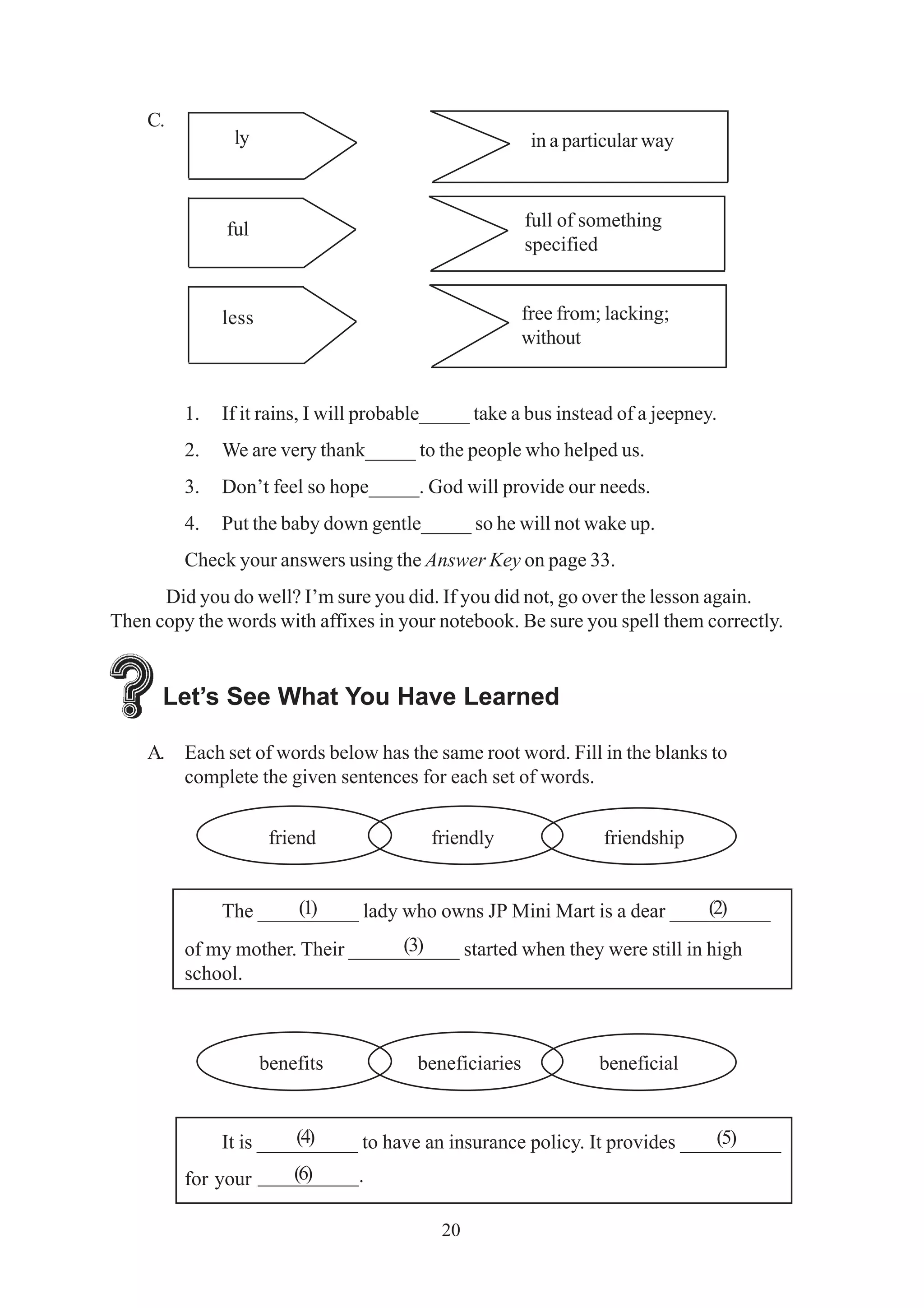 20 
C. 
ly 
ful 
less 
1. If it rains, I will probable_____ take a bus instead of a jeepney. 
2. We are very thank_____ to the people who helped us. 
3. Don’t feel so hope_____. God will provide our needs. 
4. Put the baby down gentle_____ so he will not wake up. 
Check your answers using the Answer Key on page 33. 
Did you do well? I’m sure you did. If you did not, go over the lesson again. 
Then copy the words with affixes in your notebook. Be sure you spell them correctly. 
Let’s See What You Have Learned 
A. Each set of words below has the same root word. Fill in the blanks to 
complete the given sentences for each set of words. 
friend friendly friendship 
The __________ lady who owns JP Mini Mart is a dear __________ 
of my mother. Their ___________ started when they were still in high 
school. 
benefits beneficiaries beneficial 
It is __________ to have an insurance policy. It provides __________ 
for your __________. 
in a particular way 
full of something 
specified 
free from; lacking; 
without 
(1) (2) 
(3) 
(4) (5) 
(6) 
 