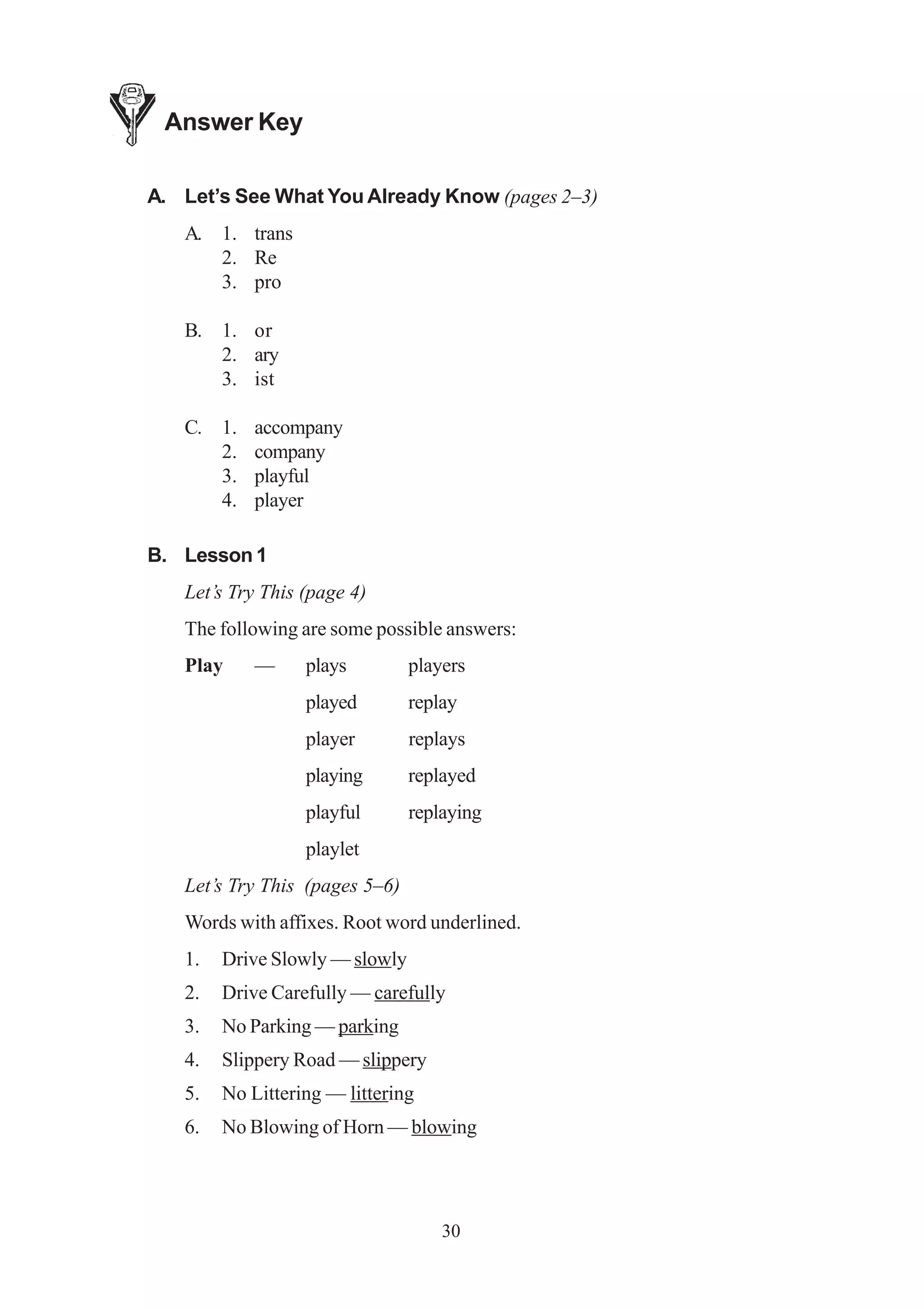 30 
Answer Key 
A. Let’s See What You Already Know (pages 2–3) 
A. 1. trans 
2. Re 
3. pro 
B. 1. or 
2. ary 
3. ist 
C. 1. accompany 
2. company 
3. playful 
4. player 
B. Lesson 1 
Let’s Try This (page 4) 
The following are some possible answers: 
Play — plays players 
played replay 
player replays 
playing replayed 
playful replaying 
playlet 
Let’s Try This (pages 5–6) 
Words with affixes. Root word underlined. 
1. Drive Slowly — slowly 
2. Drive Carefully — carefully 
3. No Parking — parking 
4. Slippery Road — slippery 
5. No Littering — littering 
6. No Blowing of Horn — blowing 
 