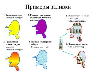 Примеры заливки 1. Заливка цветом. Обводка контура. 2. Градиентная заливка двумя цветами.  Обводка контура. 3. Градиентная заливка заготовкой. Обводка контура. 4. Заливка текстурой из набора.  Обводка контура. 5. Заливка собственной текстурой. Обводка контура. 6. Заливка рисунком. Обводка контура. 