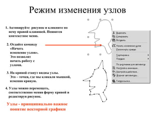 Режим изменения узлов 1. Активируйте  рисунок и кликните по нему правой клавишей. Появится контекстное меню. Узлы - принципиально важное понятие векторной графики 3. На кривой станут видны узлы.  Это – точки, где мы кликали мышкой, изменяя кривую. 4. Узлы можно перемещать, соответственно меняя форму кривой и редактируя рисунок. 2. Отдайте команду «Начать изменение узлов». Это позволит начать работу с узлами. 