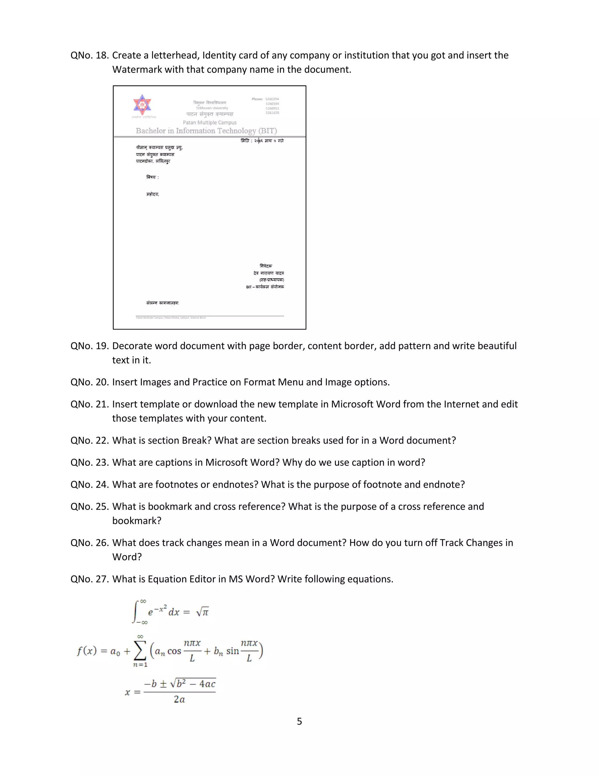 Word practical questions for exercises | PDF