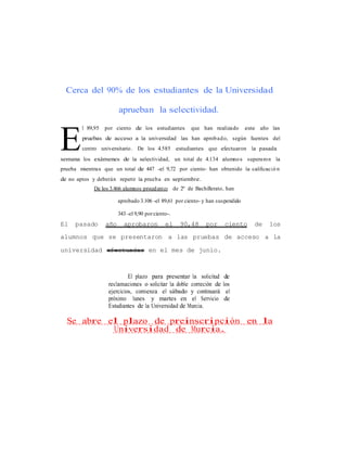 E
Cerca del 90% de los estudiantes de la Universidad
aprueban la selectividad.
l 89,95 por ciento de los estudiantes que han realizado este año las
pruebas de acceso a la universidad las han aprobado, según fuentes del
centro universitario. De los 4.585 estudiantes que efectuaron la pasada
semana los exámenes de la selectividad, un total de 4.134 alumnos superaron la
prueba mientras que un total de 447 -el 9,72 por ciento- han obtenido la calificació n
de no aptos y deberán repetir la prueba en septiembre.
De los 3.466 alumnos procedentes de 2º de Bachillerato, han
aprobado 3.106 -el 89,61 por ciento- y han suspendido
343 -el 9,90 porciento-.
El pasado año aprobaron el 90,48 por ciento de los
alumnos que se presentaron a las pruebas de acceso a la
universidad efectuadas en el mes de junio.
El plazo para presentar la solicitud de
reclamaciones o solicitar la doble correción de los
ejercicios, comienza el sábado y continuará el
próximo lunes y martes en el Servicio de
Estudiantes de la Universidad de Murcia.
Se abre el plazo de preinscripción en la
Universidad de Murcia.
 