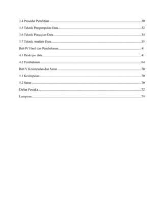 3.4 Prosedur Penelitian ...................................................................................................................30
3.5 Teknik Pengumpulan Data........................................................................................................32
3.6 Teknik Penyajian Data..............................................................................................................34
3.7 Teknik Analisis Data.................................................................................................................35
Bab IV Hasil dan Pembahasan........................................................................................................41
4.1 Deskripsi data............................................................................................................................41
4.2 Pembahasan...............................................................................................................................64
Bab V Kesimpulan dan Saran.........................................................................................................70
5.1 Kesimpulan ...............................................................................................................................70
5.2 Saran .........................................................................................................................................70
Daftar Pustaka.................................................................................................................................72
Lampiran.........................................................................................................................................74
 
