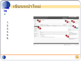 เขียนหน้าใหม่หากต้องการเพิ่มหน้าใหม่ให้ไปเลือกที่ “เขียนหน้าใหม่”พิมพ์ชื่อหัวข้อหน้าที่ต้องการเผยแพร่พิมพ์เนื้อหาใส่หมายเลขเพื่อแสดงลำดับการแสดงผลหากต้องการบันทึกเลือก “บันทึกฉบับร่าง”หากต้องการดูเลือก “ดูก่อน”หากต้องการเผยแพร่เลือก “เผยแพร่”14562336