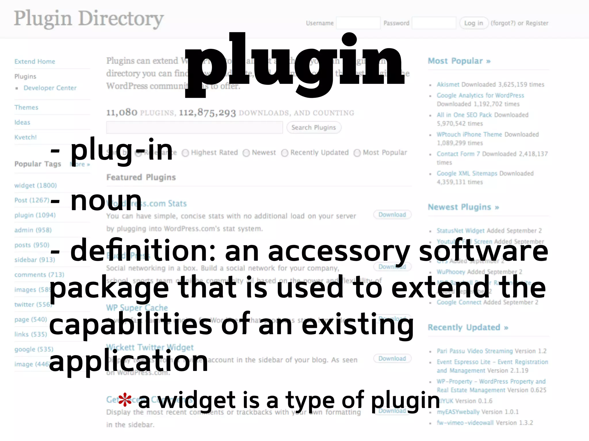 plugin
- plug-in
- noun
- deﬁnition: an accessory software
package that is used to extend the
capabilities of an existing
application
      a widget is a type of plugin
 