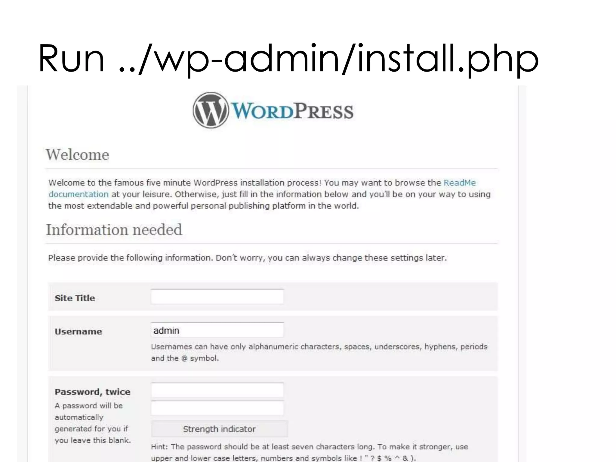 Run ../wp-admin/install.php
 