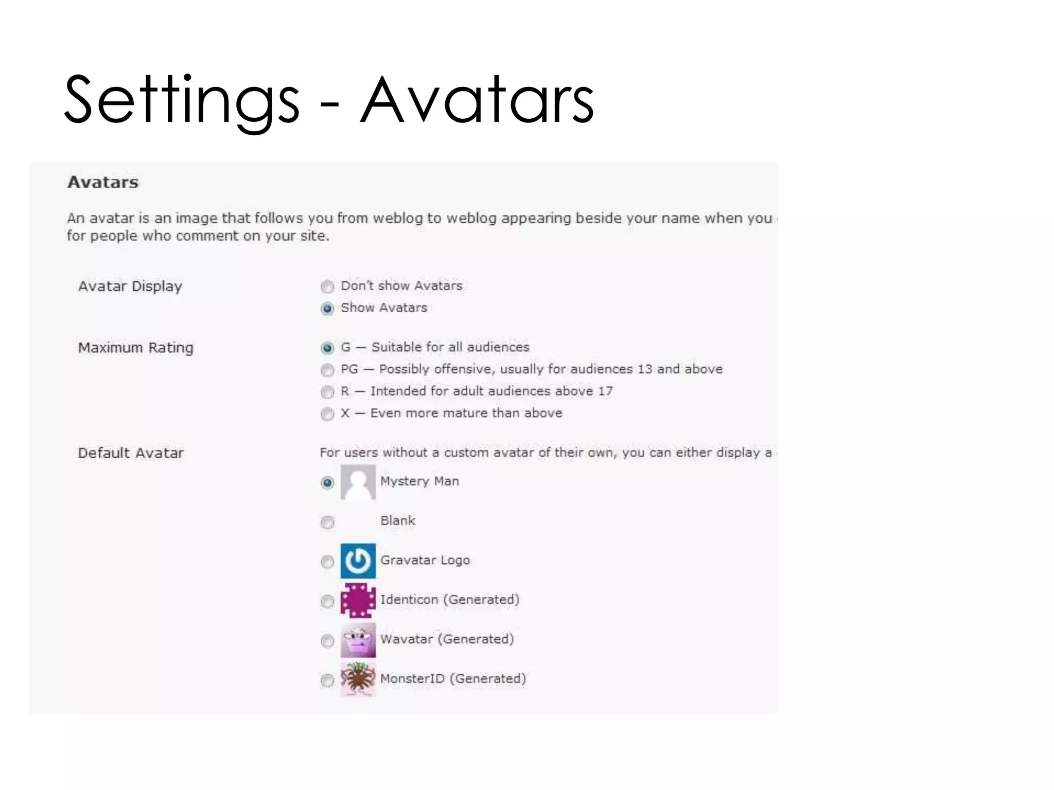 Settings - Avatars
 