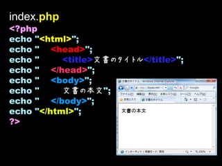 index.php
<?php
echo "<html>";
echo " <head>";
echo "     <title>文書のタイトル</title>";
echo " </head>";
echo " <body>";
echo "     文書の本文";
echo " </body>";
echo "</html>";
?>
 