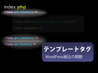 index.php
<?php get_header(); ?>


      <?php while (have_posts()) : the_post(); ?>

      <?php endwhile; ?>


<?php get_sidebar(); ?>

<?php get_footer(); ?>

                           テンプレートタグ
                           WordPress組込の関数
 