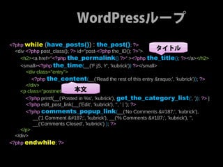 WordPressループ
<?php while (have_posts()) : the_post(); ?>
  <div <?php post_class(); ?> id="post-<?php the_ID(); ?>"> タイトル
    <h2><a href="<?php the_permalink() ?>“ ><?php the_title(); ?></a></h2>
    <small><?php the_time(__('F jS, Y', 'kubrick')) ?></small>
       <div class="entry">
         <?php the_content(__('Read the rest of this entry &raquo;', 'kubrick')); ?>
       </div>
    <p class="postmetadata"> 本文
       <?php printf(__('Posted in %s', 'kubrick'), get_the_category_list(', ')); ?> |
       <?php edit_post_link(__('Edit', 'kubrick'), '', ' | '); ?>
       <?php comments_popup_link (__('No Comments »', 'kubrick'),
          __('1 Comment »', 'kubrick'), __('% Comments »', 'kubrick'), '',
          __('Comments Closed', 'kubrick') ); ?>
    </p>
  </div>
<?php endwhile; ?>
 