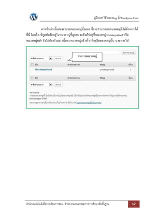 คู่มือการใช้งาน Blog ที่ Wordpress.Com

                 ภาพข้างล่างนี้แสดงจานวนหมวดหมูท้งหมด ซึ่งจะสามารถลบหมวดหมู่ที่ไม่ตองการได้
                                                  ่ ั                                     ้
ที่นี่ โดยเรื่ องที่ถกบันทึกอยูในหมวดหมู่ที่ถกลบ จะย้ายไปอยูที่หมวดหมู่ Uncategorized หรื อ
                     ู         ่             ู              ่
หมวดหมู่หลัก จึงไม่ตองกังวลว่าเมื่อลบหมวดหมู่แล้ว เรื่ องที่อยูในหมวดหมูน้ น ๆ จะหายไป
                          ้                                     ่         ่ ั


                                             รายการหมวดหมู่




สานักเทคโนโลยีเพื่อการเรียนการสอน สานักงานคณะกรรมการการศึกษาขั ้นพื ้นฐาน                  17
 