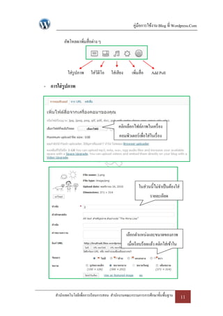คู่มือการใช้งาน Blog ที่ Wordpress.Com

          อัพโหลด/เพิ่มสื่อต่าง ๆ




            ใส่รูปภาพ     ใส่วิดีโอ    ใส่เสียง     เพิมสื่อ
                                                      ่           Add Poll

- การใส่ รูปภาพ




                                            คลิกเลือกไฟล์ภาพในเครื่ อง
                                            คอมพิวเตอร์เพื่อใส่ในเรื่ อง




                                                         ในส่วนนี้ไม่จาเป็ นต้องใส่
                                                                 รายละเอียด




                                                  เลือกตาแหน่งและขนาดของภาพ
                                                  เมื่อเรี ยบร้อยแล้ว คลิกใส่เข้าใน
                                                                เรื่ อง




     สานักเทคโนโลยีเพื่อการเรี ยนการสอน สานักงานคณะกรรมการการศึกษาขั้นพื้นฐาน         11
 