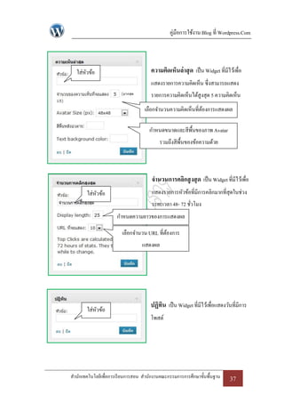 คู่มือการใช้งาน Blog ที่ Wordpress.Com




  ใส่หวข้อ
      ั                               ความคิดเห็นล่ าสุ ด เป็ น Widget ที่มีไว้เพื่อ
                                      แสดงรายการความคิดเห็น ซึ่งสามารถแสดง
                                      รายการความคิดเห็นได้สูงสุด 5 ความคิดเห็น
                                   เลือกจานวนความคิดเห็นที่ตองการแสดงผล
                                                            ้

                                     กาหนดขนาดและสีพ้ืนของภาพ Avatar
                                          รวมถึงสีพ้ืนของข้อความด้วย



                                       จานวนการคลิกสู งสุ ด เป็ น Widget ที่มีไว้เพื่อ
       ใส่หวข้อ
           ั                           แสดงรายการหัวข้อที่มีการคลิกมากที่สุดในช่วง
                                       ระยะเวลา 48- 72 ชัวโมง
                                                         ่
                      กาหนดความยาวของการแสดงผล

                        เลือกจานวน URL ที่ตองการ
                                           ้
                                  แสดงผล




                                      ปฏิทิน เป็ น Widget ที่มีไว้เพื่อแสดงวันที่มีการ
       ใส่หวข้อ
           ั
                                      โพสต์




สานักเทคโนโลยีเพื่อการเรี ยนการสอน สานักงานคณะกรรมการการศึกษาขั้นพื้นฐาน      37
 