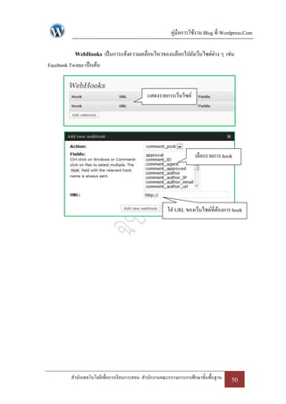 คู่มือการใช้งาน Blog ที่ Wordpress.Com

             WebHooks เป็ นการแจ้งความเคลื่อนไหวของบล็อกไปยังเว็บไซด์ต่าง ๆ เช่น
Facebook Twitter เป็ นต้น


                                               แสดงรายการเว็บไซด์




                                                                      เลือกรายการ hook




                                                         ใส่ URL ของเว็บไซด์ที่ตองการ hook
                                                                                ้




           สานักเทคโนโลยีเพื่อการเรี ยนการสอน สานักงานคณะกรรมการการศึกษาขั้นพื้นฐาน   50
 