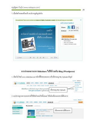 ครูณัฐพล บัวอุไร [www.nattapon.com]
                                                                                           29

7. เมื่ออัพโหลดเสร็ จแล้ว จะปรากฏดังรู ปครับ




              การนาเอกสารจาก Slideshare ไปใช้ ร่วมกับ Blog (Wordpress)
1. เปิ ดเว็บไซต์ www.slideshare.net คลิกที่ชื่อของตนเอง แล้วเลือกเมนู My Uploads ดังรู ป




                                                        เลือกเมนู My Uploads

2. จะปรากฏรายการเอกสารที่ได้อพโหลดไปทั้งหมด ให้คลิกเลือกเอกสารที่ตองการ
                             ั                                    ้




                                                               เลือกเอกสารที่ตองการ
                                                                              ้
 
