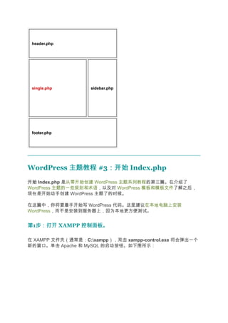 WordPress 主题教程 #3：开始 Index.php
                 ：开始
开始 Index.php 是从零开始创建 WordPress 主题系列教程的第三篇。在介绍了
WordPress 主题的一些规则和术语，以及对 WordPress 模板和模板文件了解之后，
现在是开始动手创建 WordPress 主题了的时候。

在这篇中，你将要着手开始写 WordPress 代码。这里建议在本地电脑上安装
WordPress，而不是安装到服务器上，因为本地更方便测试。


第1步：打开 XAMPP 控制面板。
  步：打开

在 XAMPP 文件夹（通常是：C:xampp），双击 xampp-control.exe 将会弹出一个
新的窗口。单击 Apache 和 MySQL 的启动按钮。如下图所示：
 