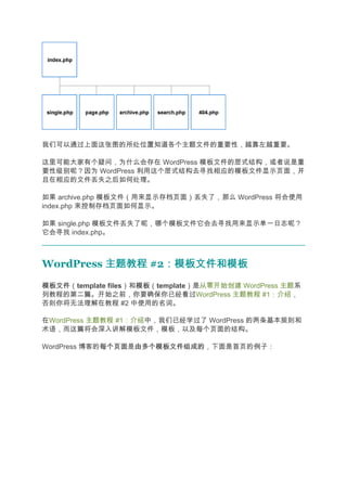 我们可以通过上面这张图的所处位置知道各个主题文件的重要性，越靠左越重要。

这里可能大家有个疑问，为什么会存在 WordPress 模板文件的层式结构，或者说是重
要性级别呢？因为 WordPress 利用这个层式结构去寻找相应的模板文件显示页面，并
且在相应的文件丢失之后如何处理。

如果 archive.php 模板文件（用来显示存档页面）丢失了，那么 WordPress 将会使用
index.php 来控制存档页面如何显示。

如果 single.php 模板文件丢失了呢，哪个模板文件它会去寻找用来显示单一日志呢？
它会寻找 index.php。



WordPress 主题教程 #2：模板文件和模板
                 ：模板文件和模板
模板文件
模板文件（template files）和模板
                     模板（template）是从零开始创建 WordPress 主题系
列教程的第二篇。开始之前，你要确保你已经看过WordPress 主题教程 #1：介绍，
否则你将无法理解在教程 #2 中使用的名词。

在WordPress 主题教程 #1：介绍中，我们已经学过了 WordPress 的两条基本规则和
术语，而这篇将会深入讲解模板文件，模板，以及每个页面的结构。

WordPress 博客的每个页面 由多个模板文件组成的，下面是首页的例子：
             每个页面是由多个模板文件组成的
 