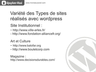 Différence blog / site classique Blog : - articles agglomérés au fil du temps sur un sujet donné - En général, design avec une grande colonne à gauche et une colonne à droite - Exemple de blogs : -  http://echangeurba.wordpress.com/ -  http://blog.ldlc.com/ 