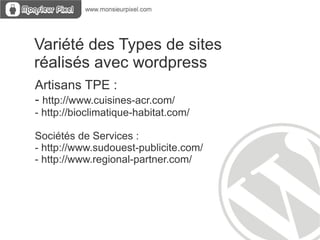 Différence blog / site classique Sites « classiques » : - Menu de navigation - Page d'accueil autre que liste chronologique d'articles - Exemples sites classiques : -   http://www.yoshikendo.org -  http://www.jock.fr 
