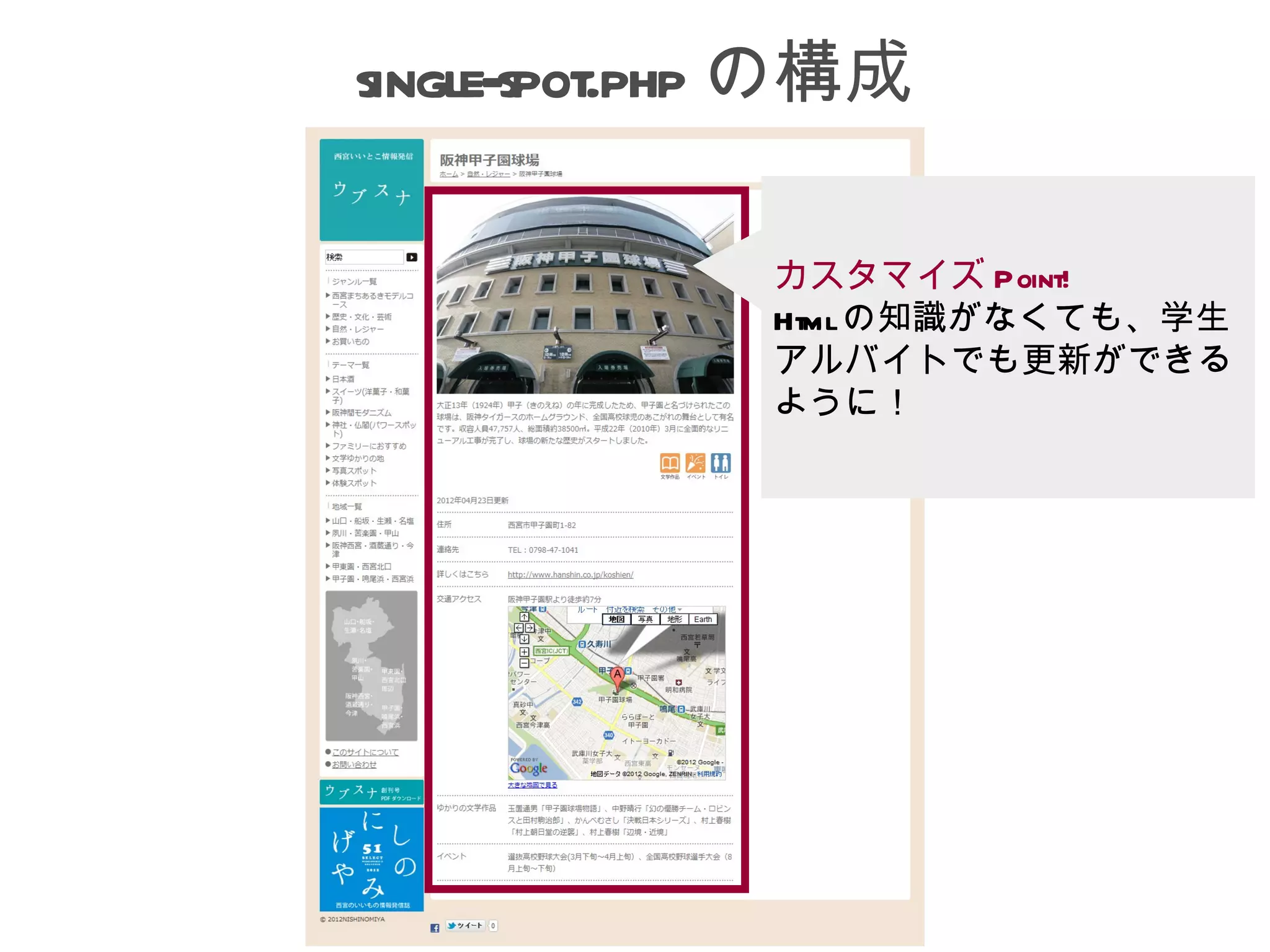 single-spot.php の構成

              カスタマイズ Point!
              Htmlの知識がなくても、学生
              アルバイトでも更新ができる
              ように！
 