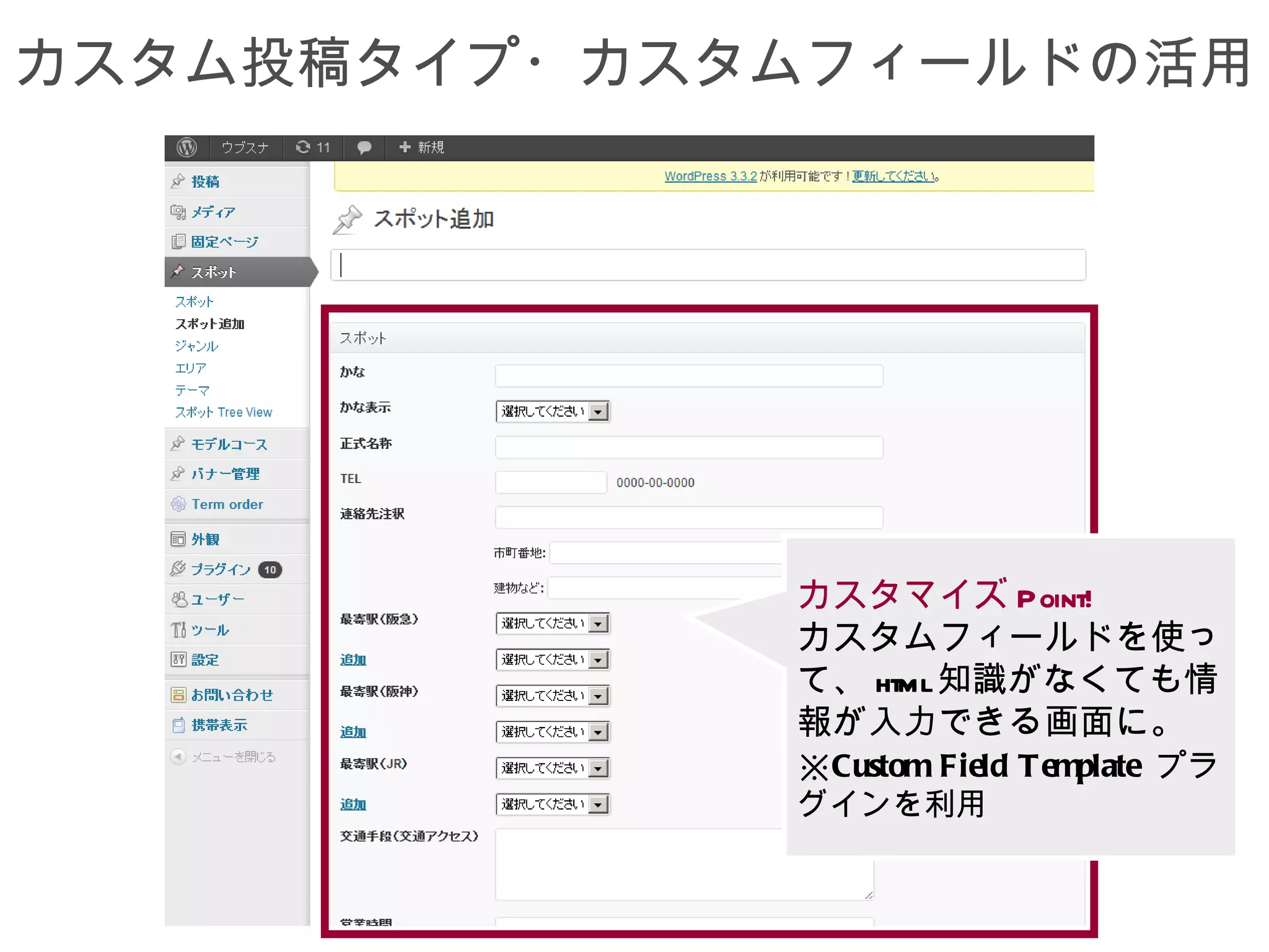 カスタム投稿タイプ・カスタムフィールドの活用




             カスタマイズ Point!
             カスタムフィールドを使っ
             て、 html知識がなくても情
             報が入力できる画面に。
             ※Custom Field T emplate プラ
             グインを利用
 