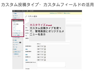 カスタム投稿タイプ・カスタムフィールドの活用



      カスタマイズ Point!
      カスタム投稿タイプを使っ
      て、管理画面にオリジナルメ
      ニューを表示
 