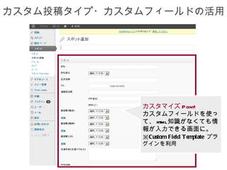 カスタム投稿タイプ・カスタムフィールドの活用




             カスタマイズ Point!
             カスタムフィールドを使っ
             て、 html知識がなくても情
             報が入力できる画面に。
             ※Custom Field T emplate プラ
             グインを利用
 