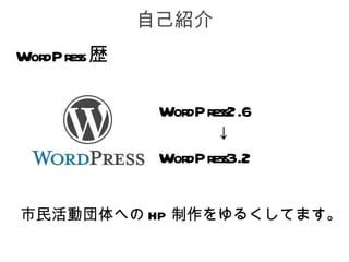 自己紹介
WordPress歴

              WordPress2.6
              　　　↓
              WordPress3.2

市民活動団体への HP 制作をゆるくしてます。
 