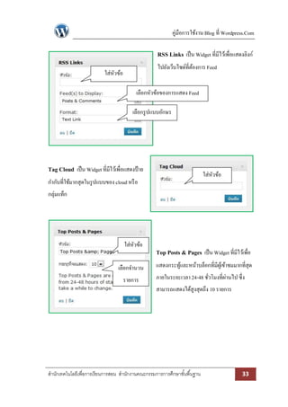 คู่มือการใช้งาน Blog ที่ Wordpress.Com

                                                    RSS Links เป็ น Widget ที่มีไว้เพื่อแสดงลิงก์
                                                    ไปยังเว็บไซด์ที่ตองการ Feed
                                                                     ้
                           ใส่หวข้อ
                               ั

                                           เลือกหัวข้อของการแสดง Feed

                                         เลือกรู ปแบบอักษร




Tag Cloud เป็ น Widget ที่มีไว้เพื่อแสดงป้ าย
                                                                            ใส่หวข้อ
                                                                                ั
กากับที่ใช้มากสุดในรู ปแบบของ cloud หรื อ
กลุ่มแท็ก




                                      ใส่หวข้อ
                                          ั
                                                   Top Posts & Pages เป็ น Widget ที่มีไว้เพื่อ
                                 เลือกจานวน        แสดงกระทูและหน้าบล็อกที่มีผเู้ ข้าชมมากที่สุด
                                                            ้
                                      รายการ       ภายในระยะเวลา 24-48 ชัวโมงที่ผานไป ซึ่ง
                                                                         ่       ่
                                                   สามารถแสดงได้สูงสุดถึง 10 รายการ




สานักเทคโนโลยีเพื่อการเรียนการสอน สานักงานคณะกรรมการการศึกษาขั ้นพื ้นฐาน                    33
 