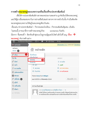 32

การสร้างหมวดหมูของบทความหรือเรื่องที่จะประชาสัมพันธ์
               ่
         เพื่อให้การประชาสัมพันธ์ข่าวสารของหน่วยงานของท่าน ถูกจัดเรียงให้ตรงหมวดหมู่
และให้ผู้มาเยี่ยมชมสะดวกในการอ่านหรือรับชมข่าวสารจากทางหน้าเว็บนั้น จาเป็นต้องจัด
หมวดหมู่ของบทความให้อยู่ในหมวดหมู่เดียวกันเช่น
 เรื่องเด่น /ข่าวประชาสัมพันธ์ / กิจกรรมของโรงเรียน / กิจกรรมสัมพันธ์ชุมชน เป็นต้น
 ในตอนนี้ เราจะมาฝึกการสร้างหมวดหมู่ ด้วย           wordpress กันครับ
เริ่มจาก ขั้นตอนที่ 1 ล็อกอินเข้าสู่ระบบในฐานะผู้ดูแลเว็บไซต์ แล้วไปที่ เมนู เรื่อง 
หมวดหมู่ ดังภาพด้านล่าง
 
