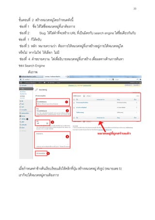 33

ขั้นตอนที่ 2 สร้างหมวดหมู่โดยกาหนดดังนี้
ช่องที่ 1 ชื่อ ให้ใส่ชื่อหมวดหมู่ที่เราต้องการ
ช่องที่ 2         Slug ให้ใส่คาที่จะสร้าง URL ที่เป็นมิตรกับ search engine ใส่ชื่อเดียวกันกับ
ช่องที่ 1 ก็ได้ครับ
ช่องที่ 3 หลัก หมายความว่า ต้องการให้หมวดหมู่ที่เราสร้างอยู่ภายใต้หมวดหมู่ใด
หรือไม่ หากไม่ใช่ ให้เลือก ไม่มี
ช่องที่ 4 คาขยายความ ใส่เพื่อธิบายหมวดหมู่ที่เราสร้าง เพื่อผลทางด้านการค้นหา
ของ Search Engine
        ดังภาพ




เมื่อกาหนดค่าข้างต้นเรียบร้อยแล้วให้คลิกที่ปุ่ม สร้างหมวดหมู่ ดังรูป (หมายเลข 5)
เราก็จะได้หมวดหมู่ตามต้องการ
 