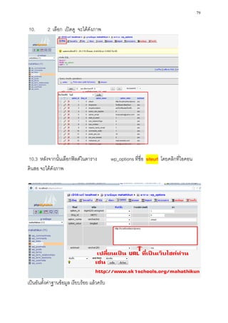 79

10.       2 เลือก เปิดดู จะได้ดังภาพ




10.3 หลังจากนั้นเลือกฟิลด์ในตาราง            wp_options ที่ชื่อ siteurl โดยคลิกที่ไอคอน
ดินสอ จะได้ดังภาพ




เป็นอันตั้งค่าฐานข้อมูล เรียบร้อย แล้วครับ
 