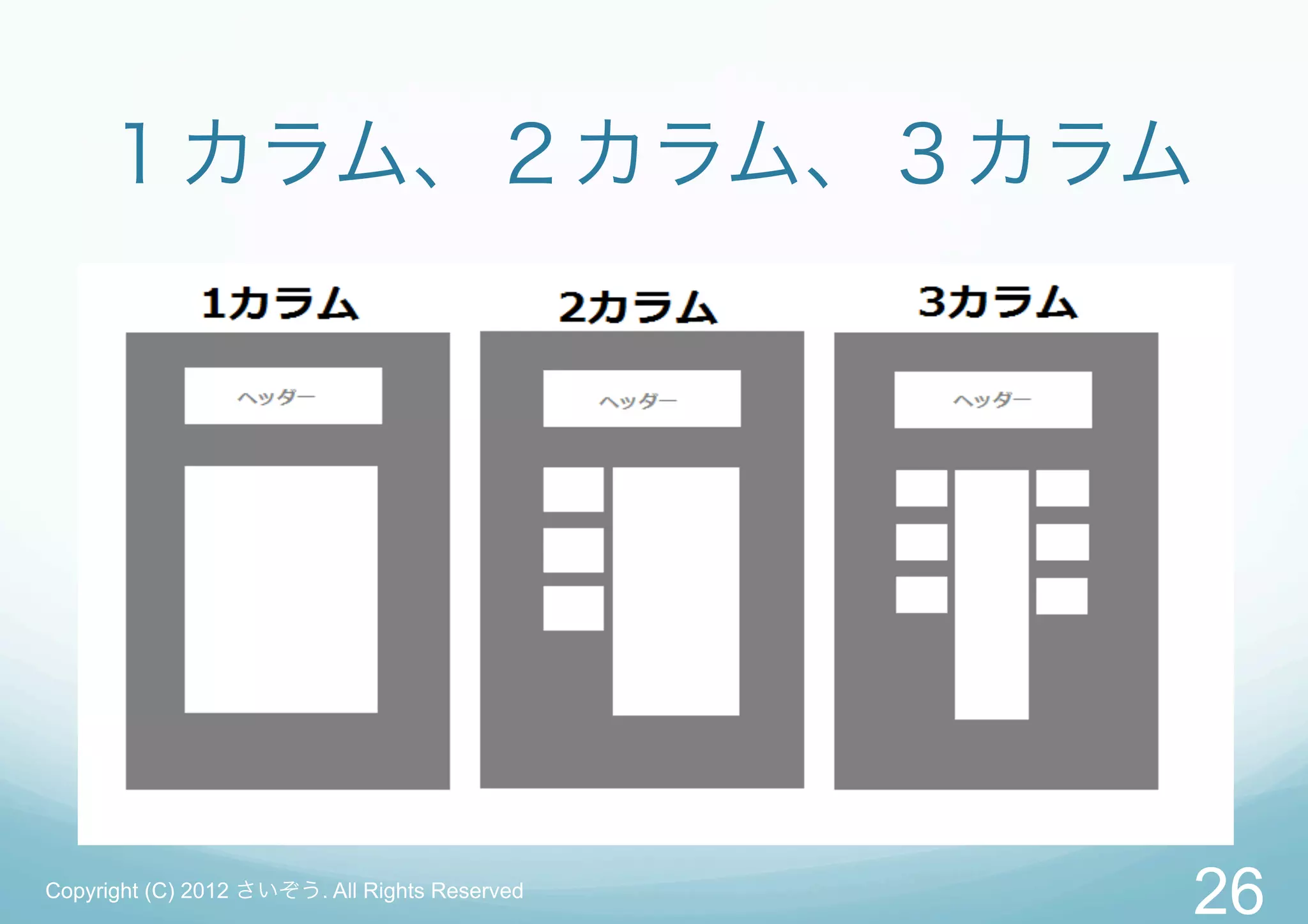 １カラム、２カラム、３カラム




Copyright (C) 2012 さいぞう. All Rights Reserved
                                               26
 