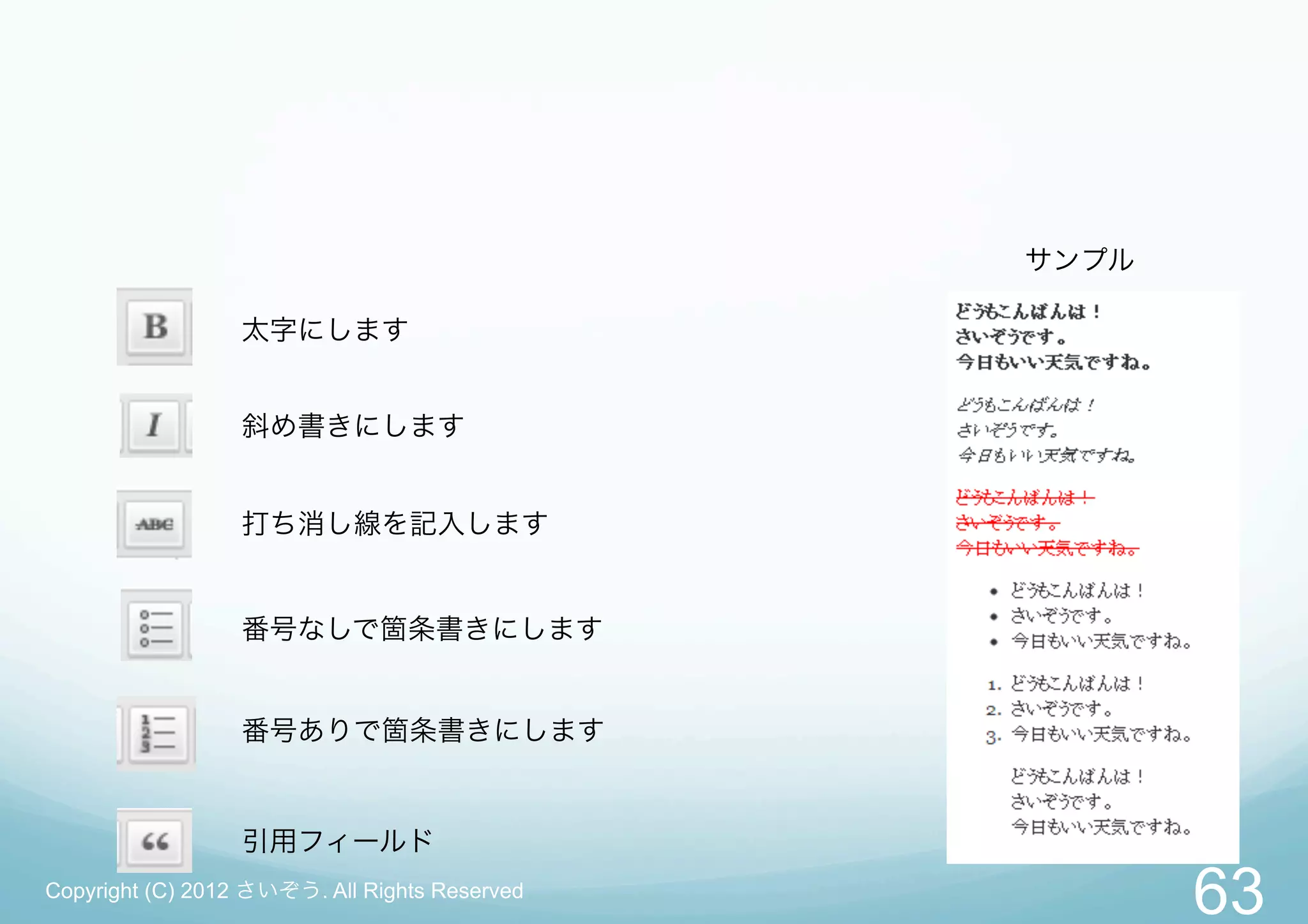 サンプル

                  太字にします


                  斜め書きにします


                  打ち消し線を記入します


                  番号なしで箇条書きにします


                  番号ありで箇条書きにします


                  引用フィールド
Copyright (C) 2012 さいぞう. All Rights Reserved
                                                      63
 