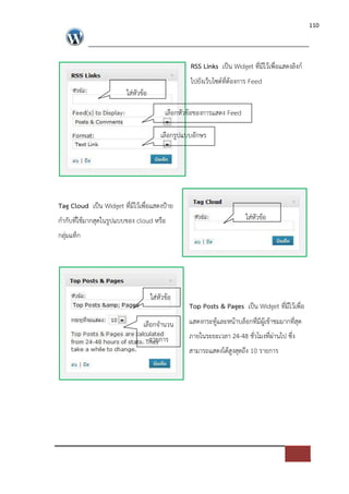 110




                                                  RSS Links เปFน Widget ที่มีไวเพื่อแสดงลิงก=
                                                  ไปยังเว็บไซด=ที่ตองการ Feed
                         ใส*หัวขอ

                                         เลือกหัวขอของการแสดง Feed

                                        เลือกรูปแบบอักษร




Tag Cloud เปFน Widget ที่มีไวเพื่อแสดงปXาย
กํากับที่ใชมากสุดในรูปแบบของ cloud หรือ                                ใส*หัวขอ
กลุ*มแท็ก




                                    ใส*หัวขอ
                                                 Top Posts & Pages เปFน Widget ที่มีไวเพื่อ
                               เลือกจํานวน       แสดงกระทูและหนาบล็อกที่มีผูเขาชมมากที่สุด
                                    รายการ       ภายในระยะเวลา 24-48 ชั่วโมงที่ผ*านไป ซึ่ง
                                                 สามารถแสดงไดสูงสุดถึง 10 รายการ
 